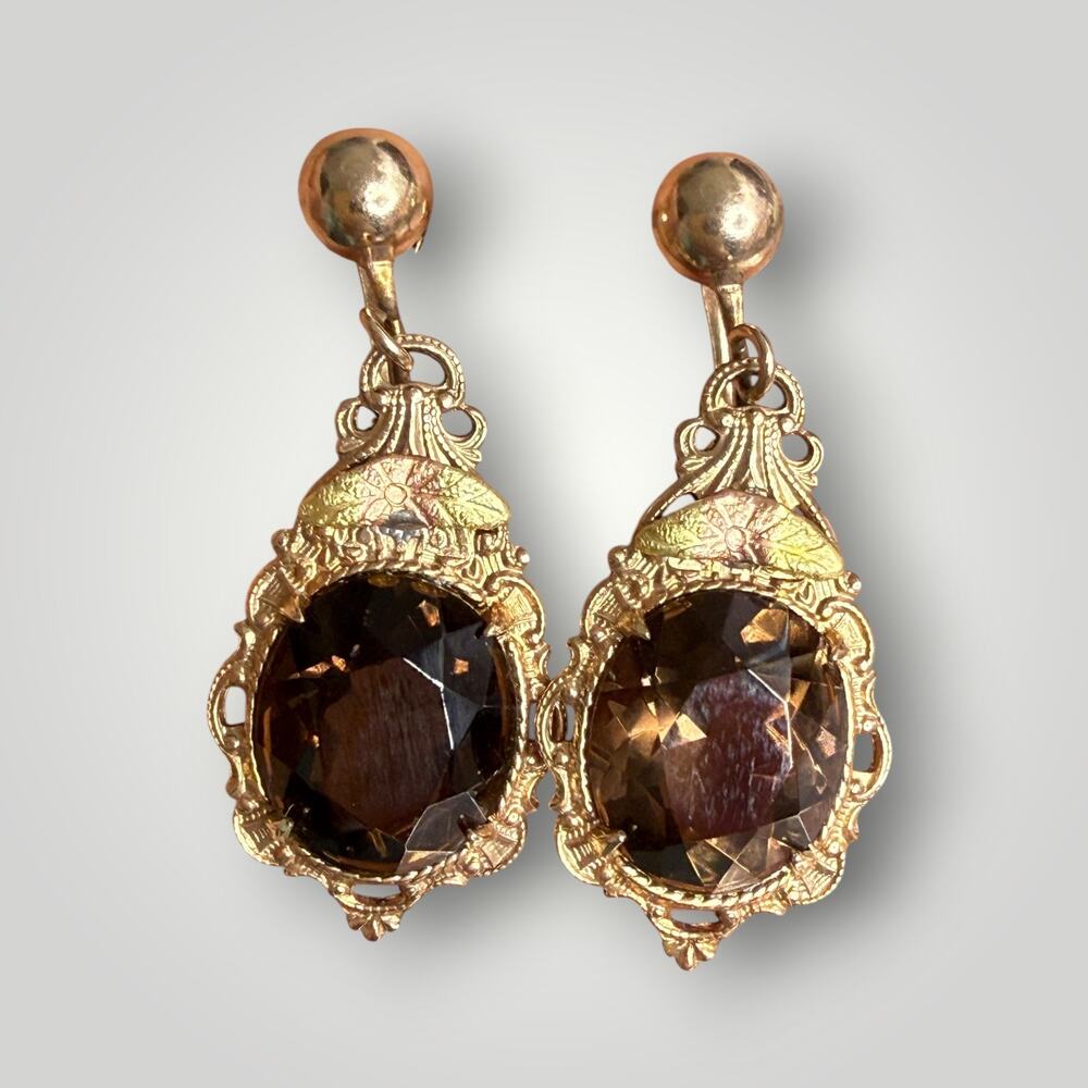 Vintage 1/20 12K Gold Filled L.S.P. Co. Smoky Brown Stone Screw Back Earrings